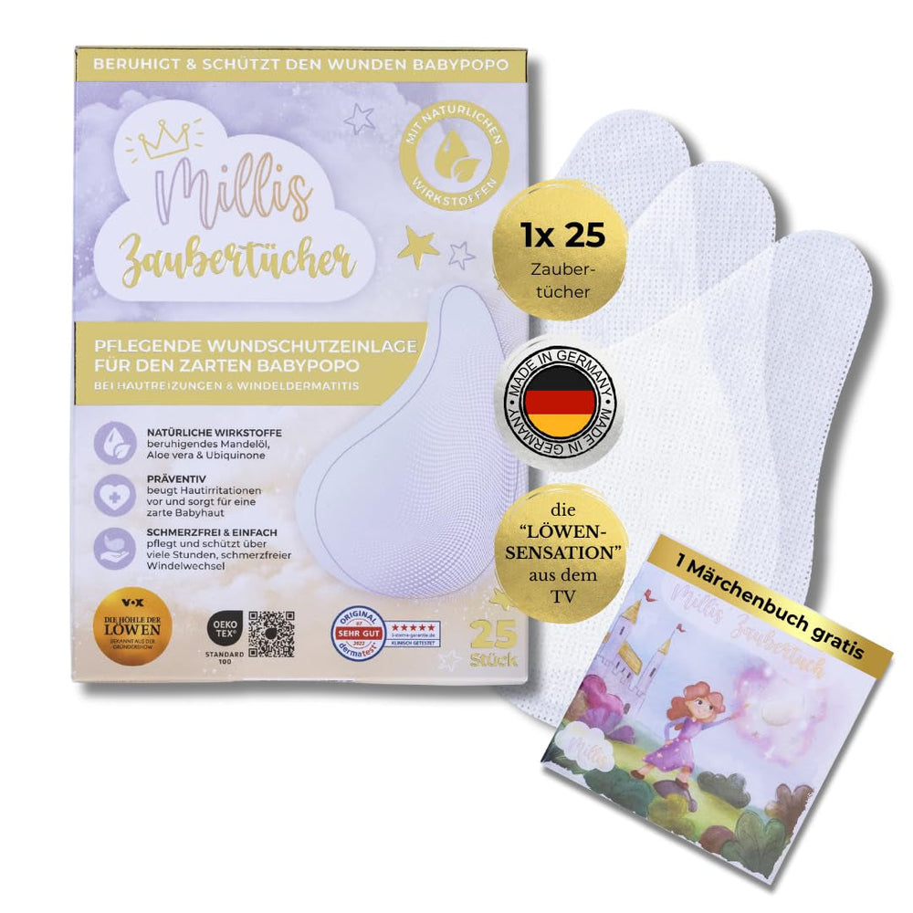 Millis Zaubertücher bei Windeldermatitis Baby, Bekannt aus "Die Höhle der Löwen", 25 Tücher (1 x 25er) mit Aloe Vera, Mandelöl & Q10 - Pflegt, Schützt & dient als Wundschutz bei gereizter Haut