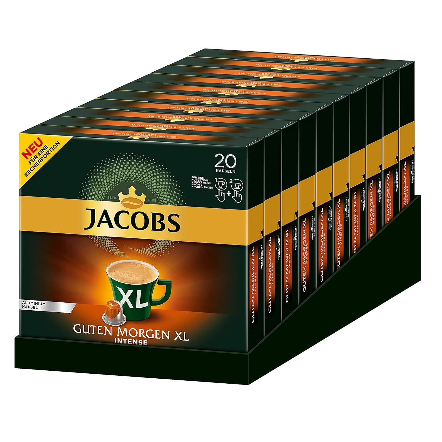 Jacobs Kaffeekapseln Guten Morgen XL Intense - 10er Pack (10 x 20 Getränke) & Kaffeekapseln Lungo Classico, Intensität 6 von 12, 20 Nespresso®* kompatible Kapseln, 10 x 20 Getränke