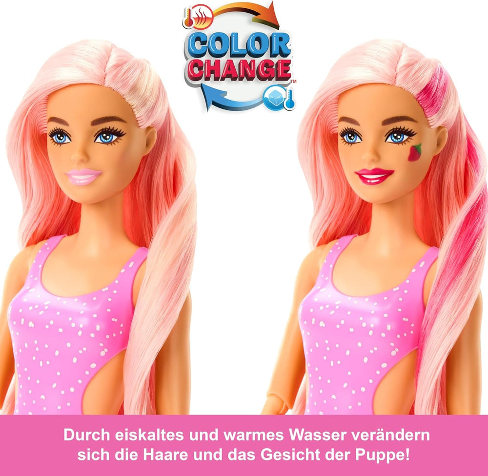 Barbie Pop Reveal Fruit - Păpuși surpriză cu 8 surprize fructate, inclusiv o păpușă poziționabilă cu parfum de limonadă de căpșuni și un cățeluș pufos, vârste 3+, HNW41