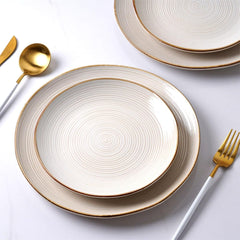 Set de veselă Tempus Series, Set de veselă pentru 6 persoane, Set de veselă din gresie, Set de farfurii cu 18 piese, Glazură reactivă, Potrivit pentru cuptorul cu microunde și mașina de spălat vase, Alb antic