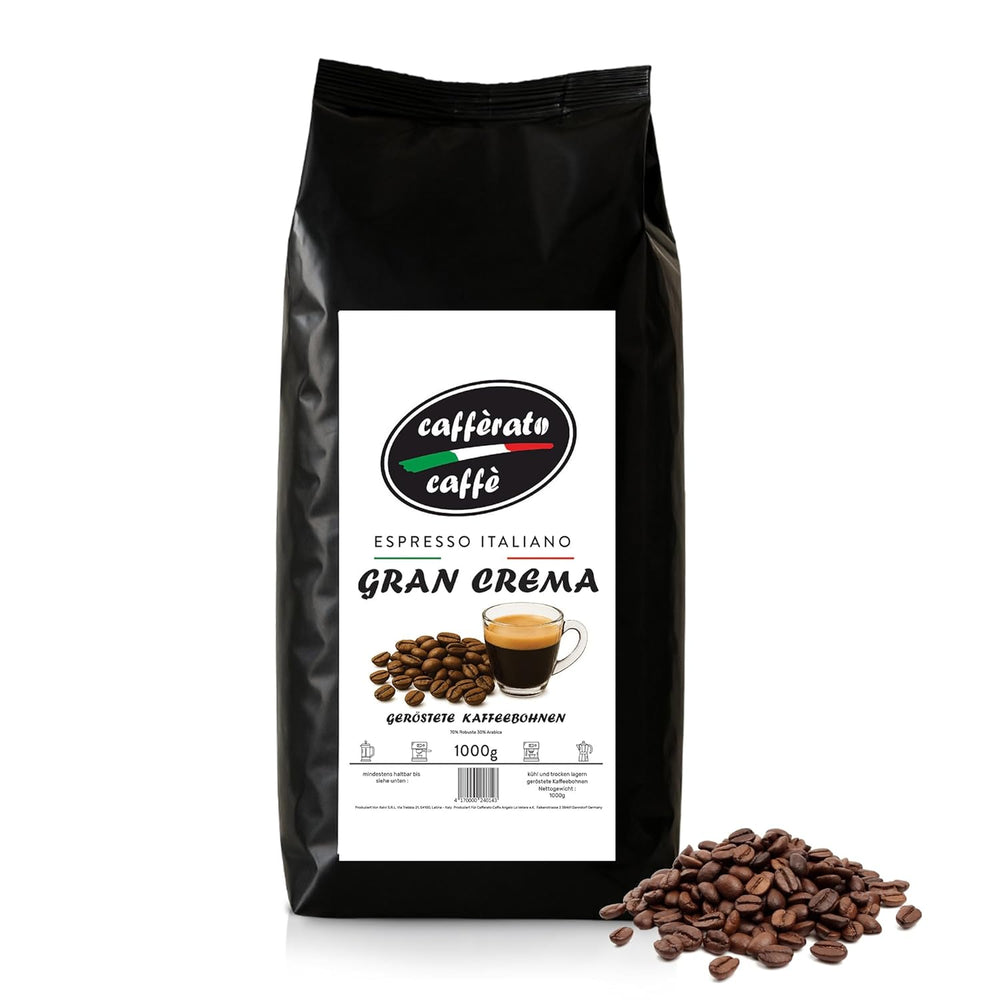 Cafferato Caffè Gran Crema – 1 kg boabe de cafea | Espresso italian | Aciditate scăzută, cu note de nucă și ciocolată | Boabe întregi pentru espresso și specialități de cafea | Cu supapă de aromă