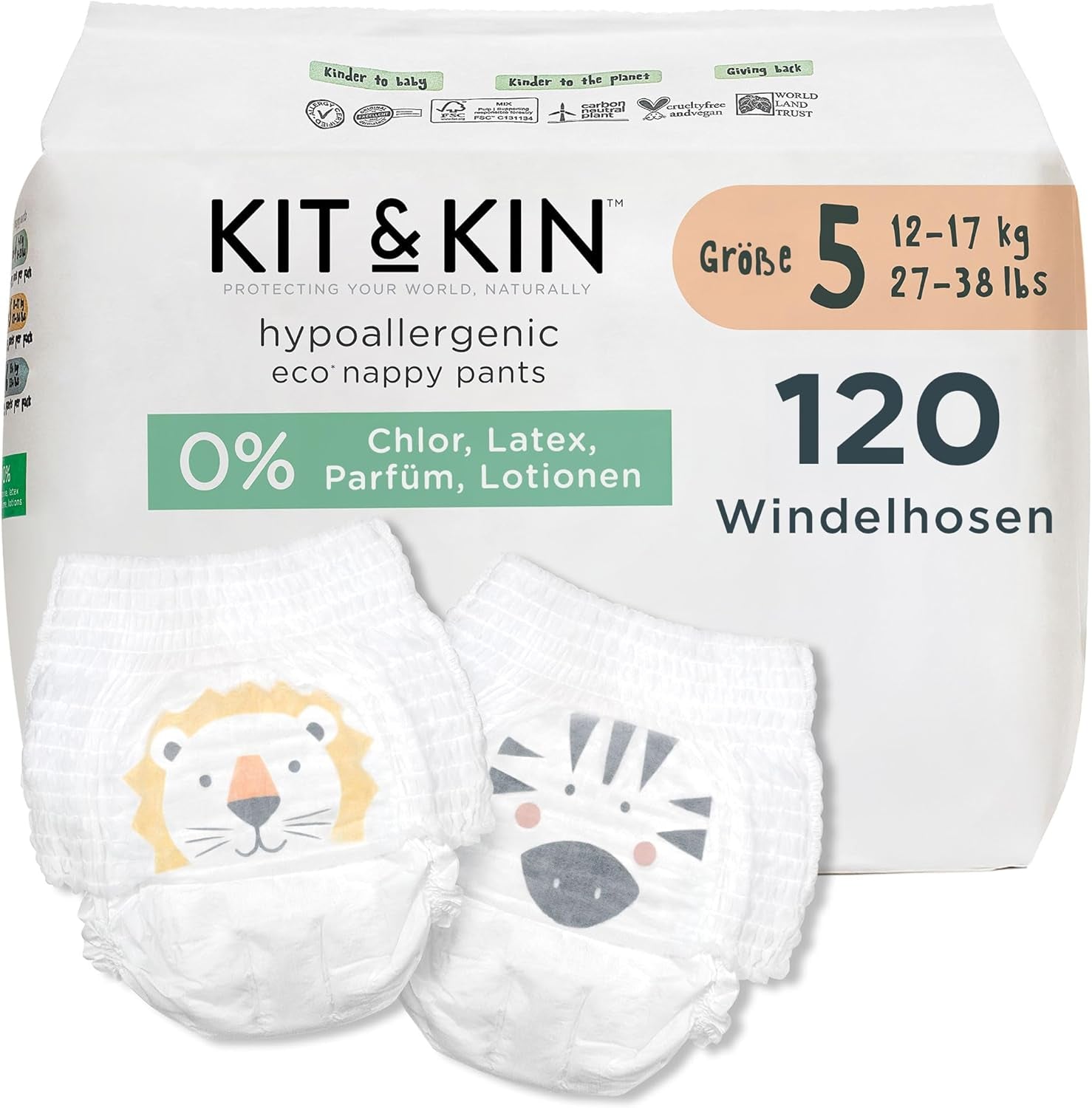 Scutece Kit & Kin Premium Eco, mărimea 4 (9-16 kg), 132 scutece, pe bază de plante și hipoalergenice, protecție fiabilă împotriva scurgerilor, vegane și fără cruzime