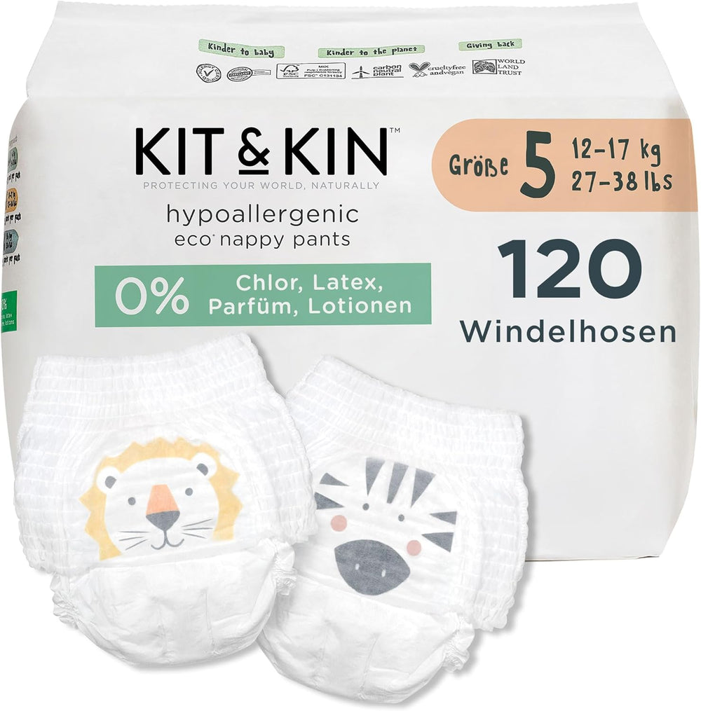 Scutece Kit & Kin Premium Eco, mărimea 4 (9-16 kg), 132 scutece, pe bază de plante și hipoalergenice, protecție fiabilă împotriva scurgerilor, vegane și fără cruzime