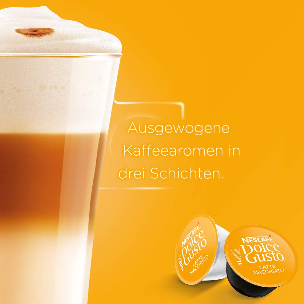 NESCAFÉ Dolce Gusto Latte Macchiato, 48 Kaffeekapseln, Aromatischer Espresso, 3-Schichten -Köstlichkeit aus feinem Milchschaum, Aromaversiegelte Kapseln, 9er Pack (3x16 Kapseln)