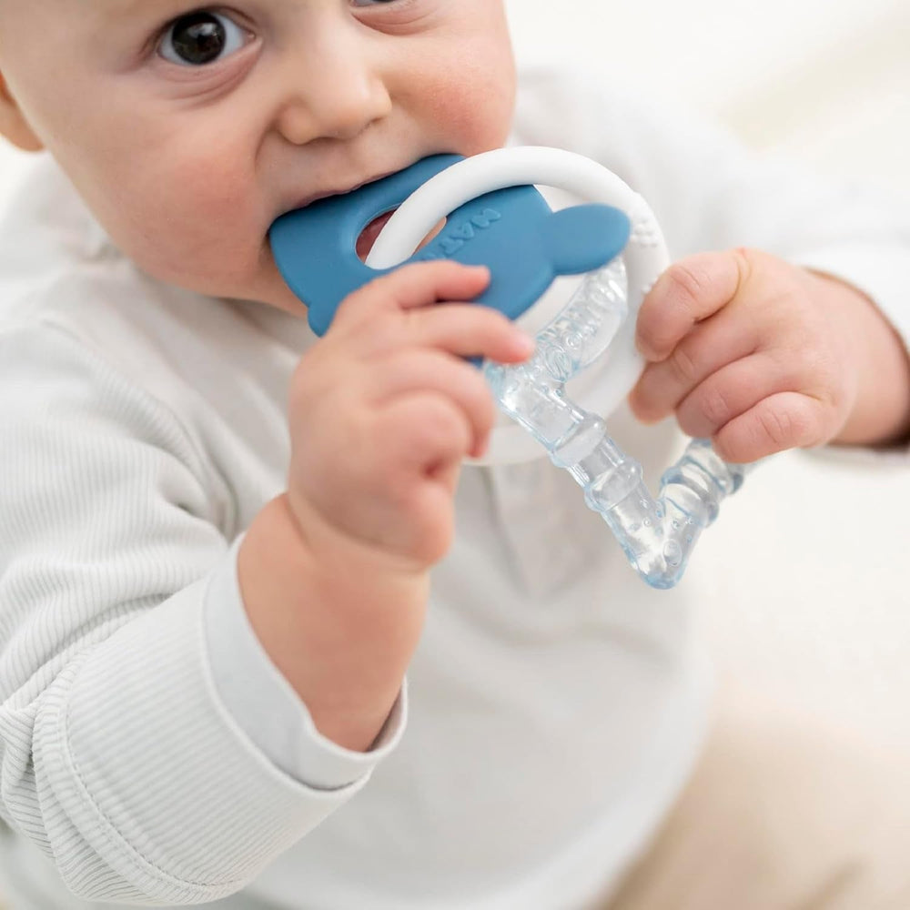 Inel de dentiție răcoritor din silicon Nattou, Șoricel, Umplut cu apă, Fără BPA, 13,5 x 10,5 x 15 cm, Silicon, Albastru/Alb