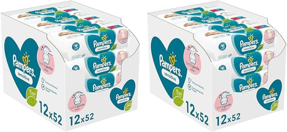 Șervețele umede Pampers Sensitive pentru bebeluși, 624 de șervețele (12 x 52), fără parfum, pentru o curățare delicată și delicată (pachet de 2)