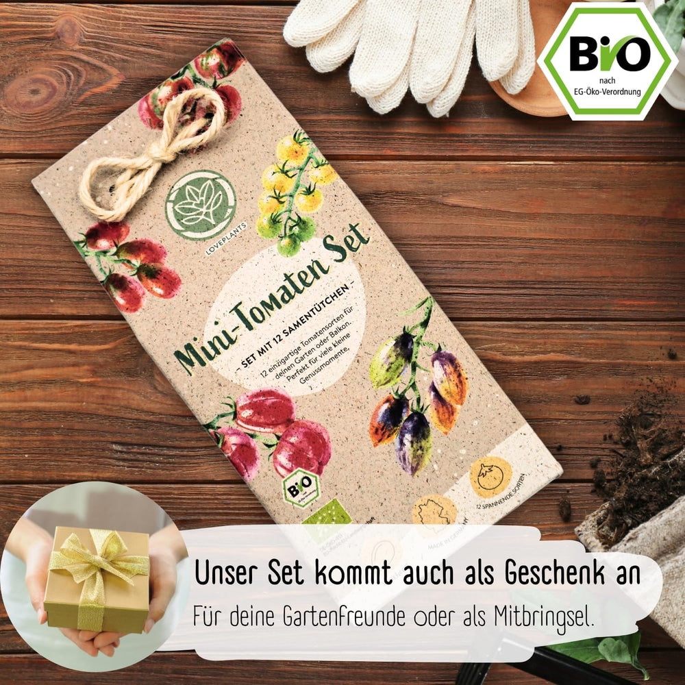 Set de semințe de roșii mini organice: 12 soiuri de roșii cultivate liber | Semințe de roșii cu roșii cocktail rare și de familie, cherry și beefsteak | Semințe de legume pentru balcon, pat înălțat, grădină și cadou | Loveplants