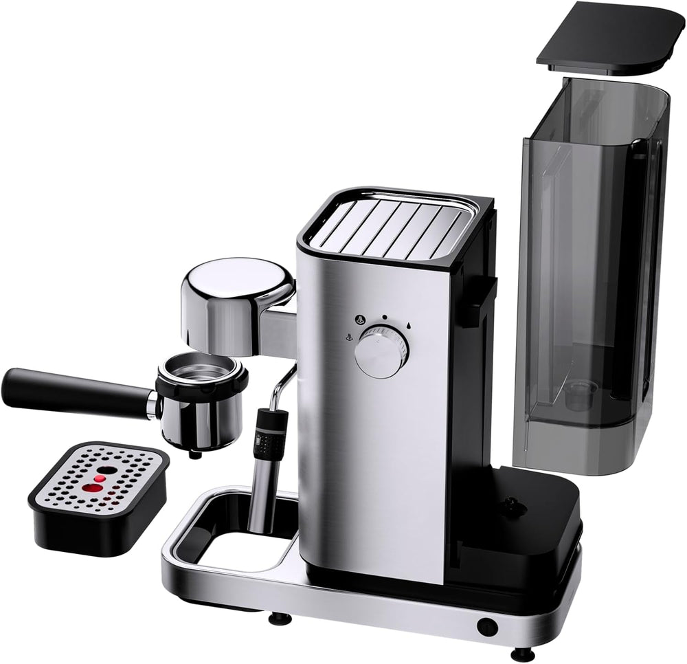 Espressor WMF Lumero, portafiltru, 1400 wați, portafiltru, 3 inserții, pentru 1-2 cești de espresso, inclusiv pentru capsule, 15 bar, suport pentru cești, spumator de lapte, oțel inoxidabil mat