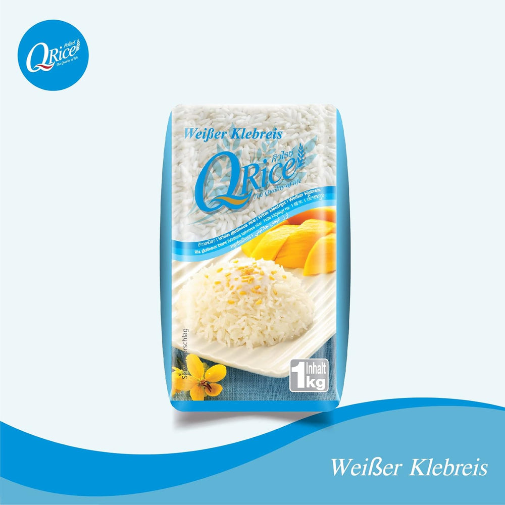 Q RICE | Weißer Klebreis Langkorn aus Thailand | Aromatisch mit klebriger Textur | Ideal für Currys, Sushi, Mochi oder Reispudding | 1 x 1 kg