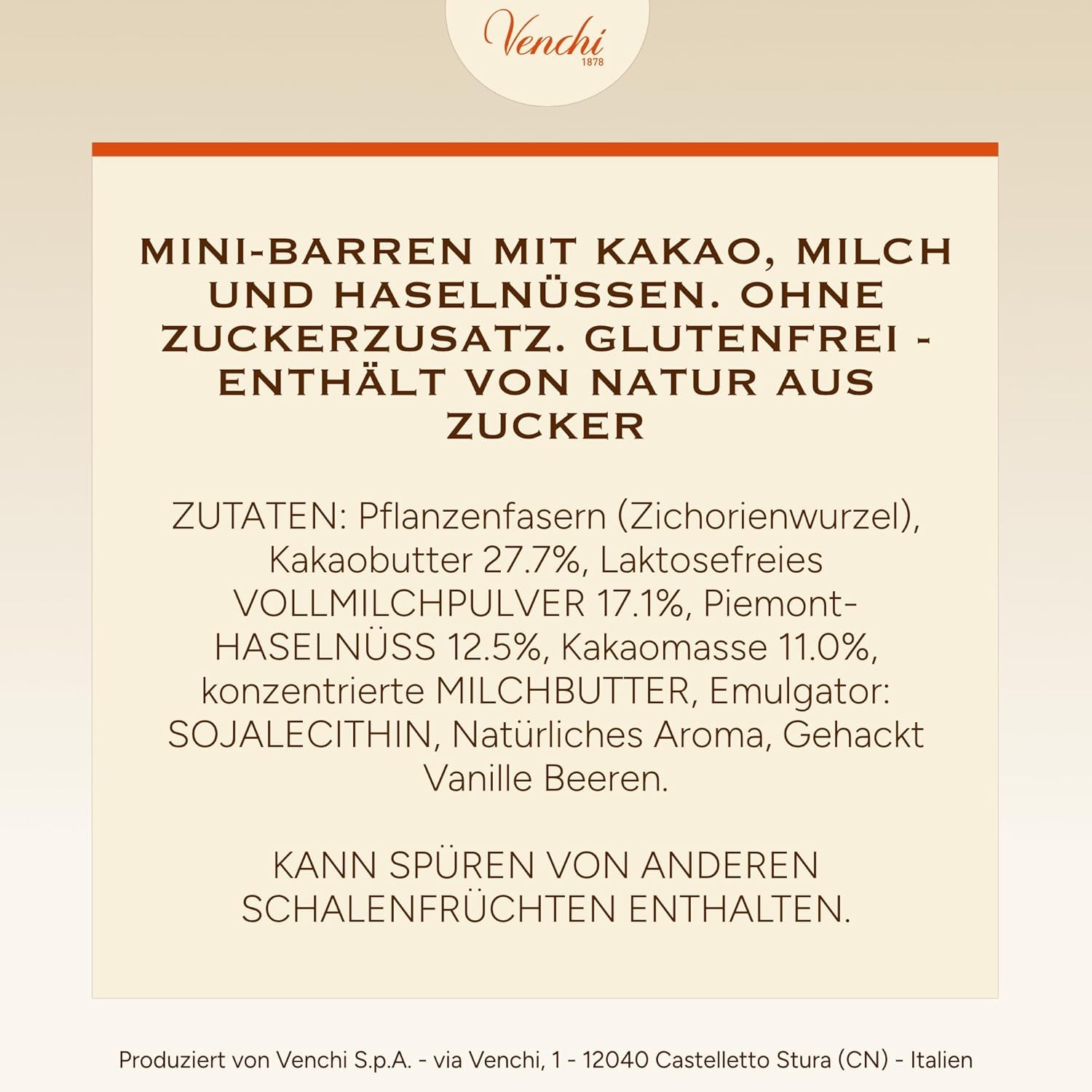 Venchi - Batoane de ciocolată cu lapte și alune de pădure - 70% zahăr - Praline cu alune de pădure IGP Piemont întregi, 1 kg - Fără gluten