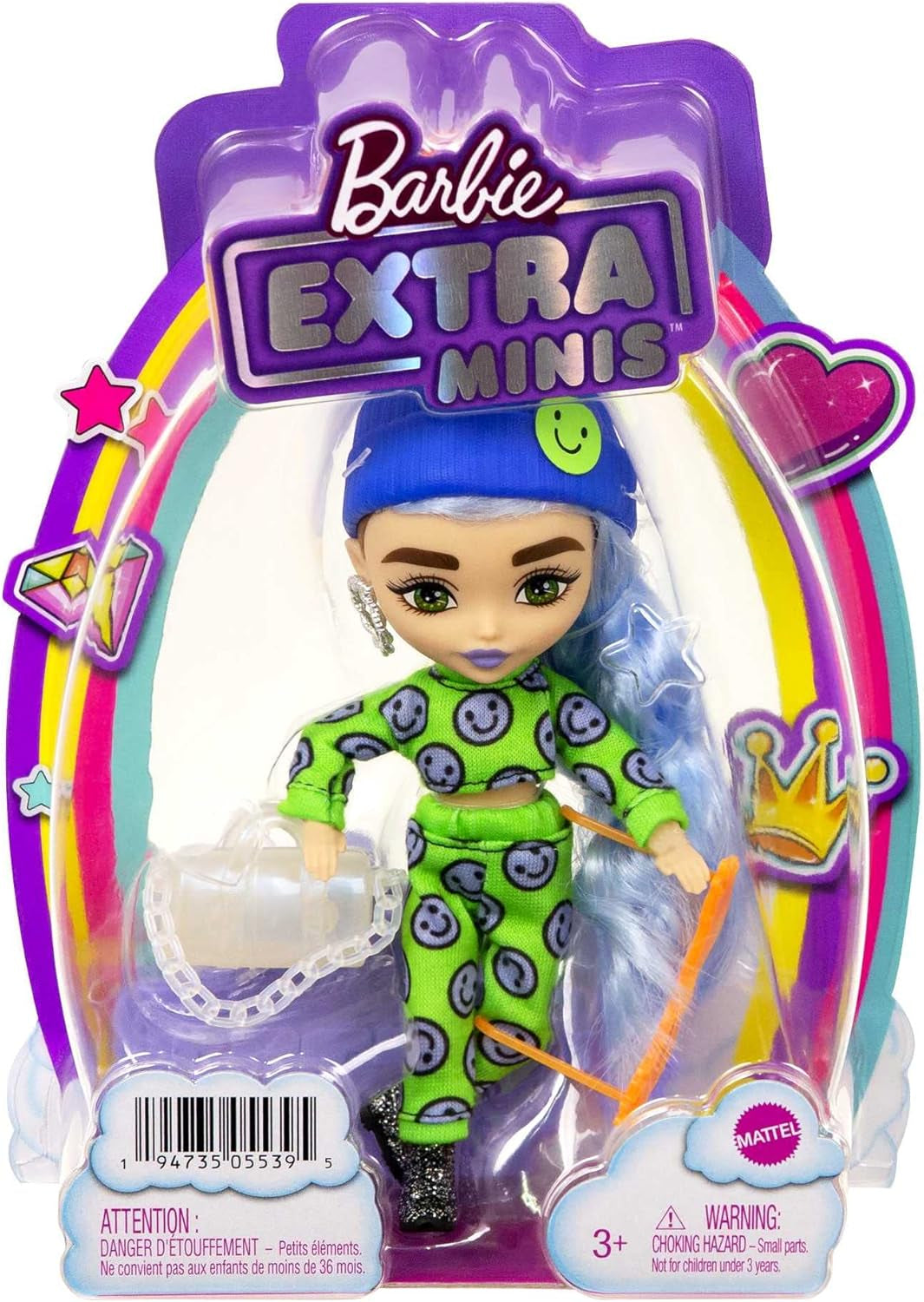 Barbie HGP65 - Extra Minis Puppe (ca 14 cm), trägt 2-teilige Mode mit Emoji-Druck, mit Puppenständer und Zubehör wie Sonnenbrille und Geldbörse, Puppen Spielzeug für Kinder ab 3 Jahren