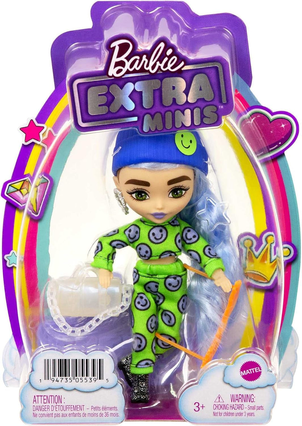 Barbie HGP65 - Extra Minis Puppe (ca 14 cm), trägt 2-teilige Mode mit Emoji-Druck, mit Puppenständer und Zubehör wie Sonnenbrille und Geldbörse, Puppen Spielzeug für Kinder ab 3 Jahren