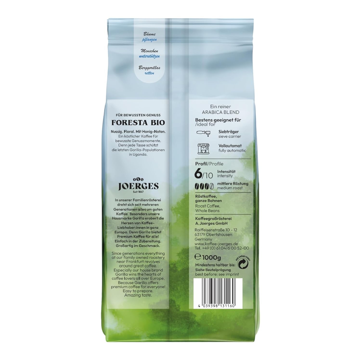 Cafea Gorilla Foresta, pachet dublu, 2 x 1 kg, boabe prăjite | Amestec Arabica, boabe întregi | Espressor portafilter complet automat | Cafea espresso