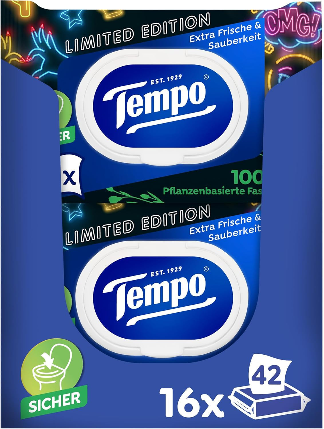 Hârtia igienică Tempo Moist My Pampering Moment ediție limitată - modele în schimbare, fără coloranți, reconectabilă, pachet avantajos, 16 x 42 șervețele umede