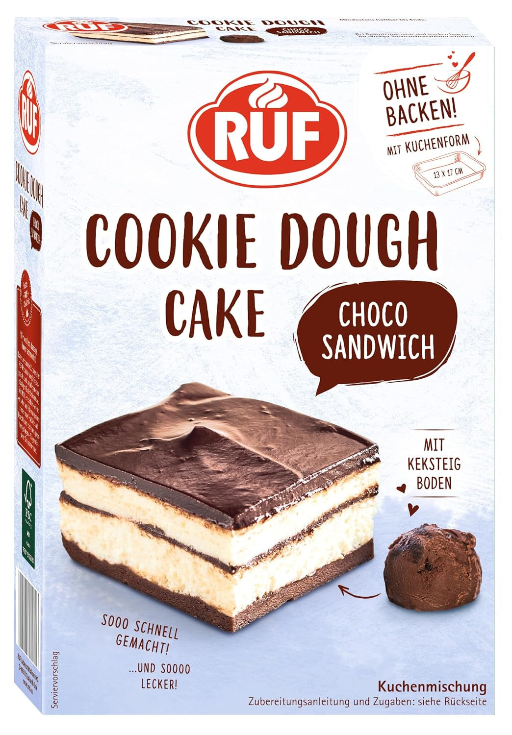 RUF Cookie Dough Cake Ohne Backen, Tortenboden Aus Keksteig Mit Frischkäse-Creme Und Schokoladenstückchen, Inkl. Kuchenform, 1X325G Amestec pentru copt si gatit Naty Shop 320 G (1Er Pack) Cookie Dough Sandwich