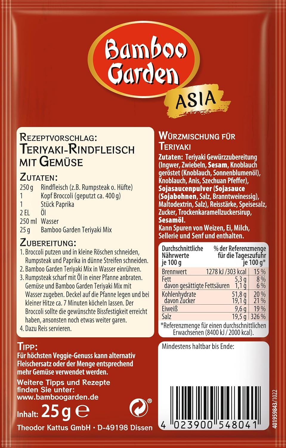 Bamboo Garden - Teriyaki Seasoning Mix , Gewürzmischung für Teriyaki , Für 4 Portionen , Ohne Geschmacksverstärker und Konservierungsstoffe , 1 x 25 g (Verpackungsdesign kann abweichen)