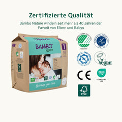 Scutece Bambo Nature pentru bebeluși, mărimea 1 (2-4 kg), cutie lunară de 132 bucăți | Scutece premium cu protecție îmbunătățită împotriva scurgerilor | Confort și libertate supreme pentru nou-născuți | Scutece testate dermatologic