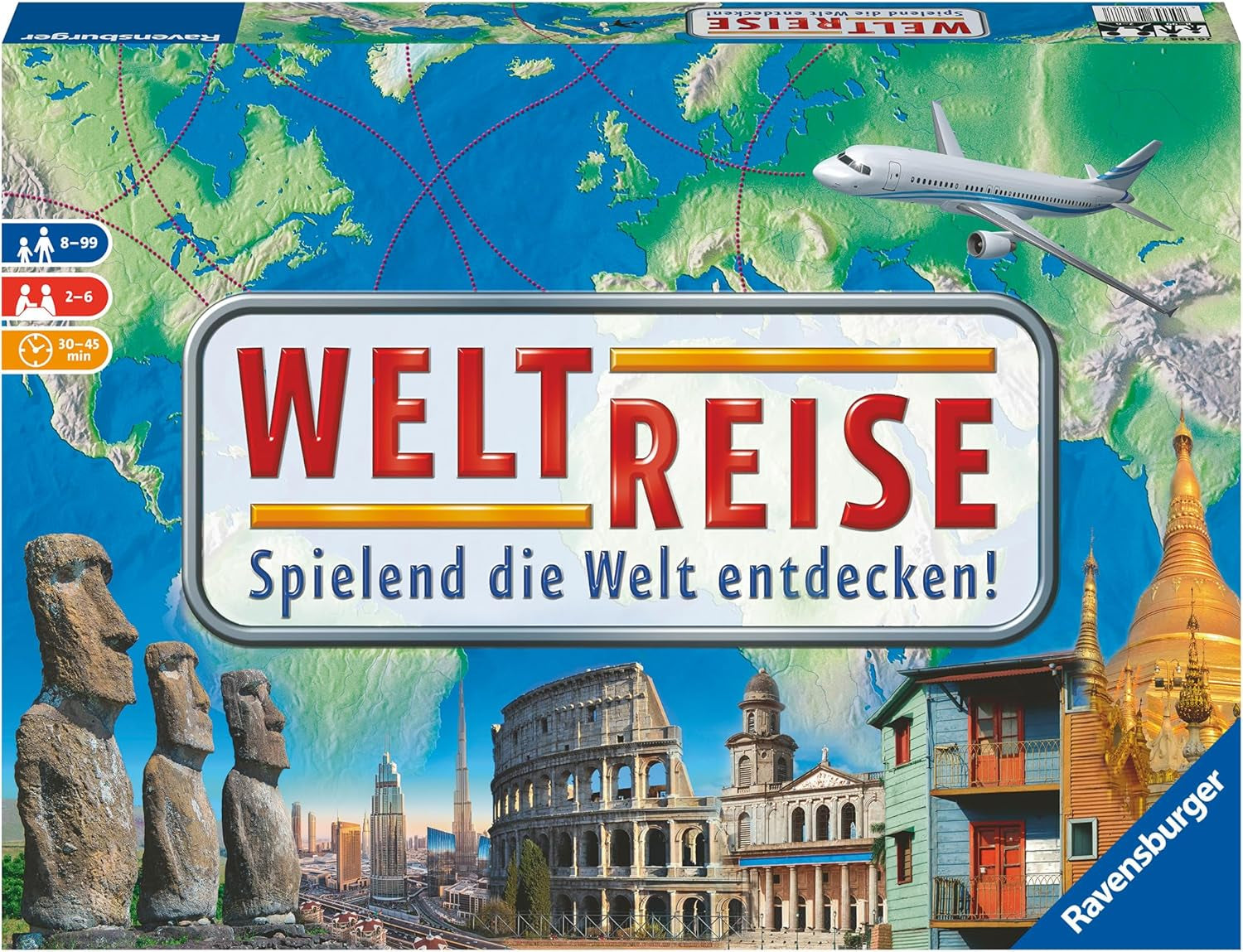 Ravensburger Family Game 26888 - World Tour - Clasic pentru familii, de la 8 ani în sus - Joc de petrecere, călătorii în jurul lumii, joc de societate pentru până la 6 jucători - peste 170 de orașe