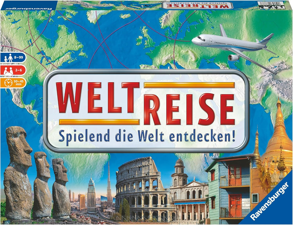 Ravensburger Family Game 26888 - World Tour - Clasic pentru familii, de la 8 ani în sus - Joc de petrecere, călătorii în jurul lumii, joc de societate pentru până la 6 jucători - peste 170 de orașe