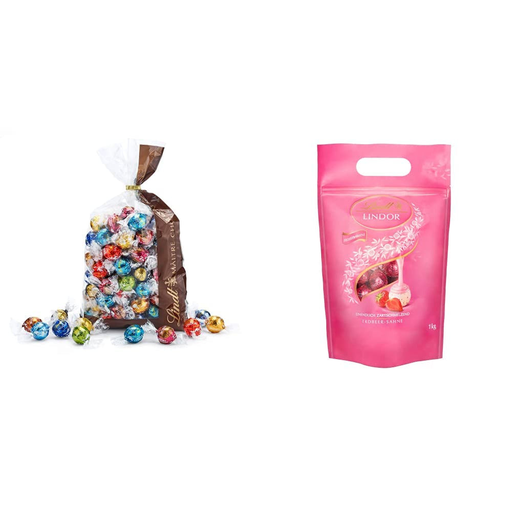 Mix de ciocolată LINDOR | 1371 g | Aprox. 109 bile: Bile de ciocolată cu lapte și LINDOR cu cremă de căpșuni | Pungă de 1 kg, aprox. 80 de bile de ciocolată ciocolată albă cu cremă de căpșuni