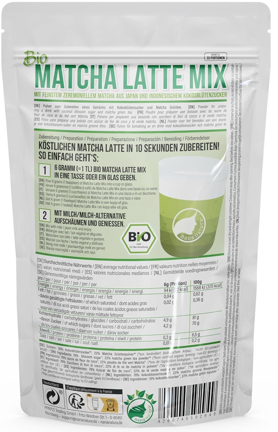 Nananatura'S Bio Matcha Latte Mix cu 22% pudră de ceai verde de calitate ceremonială din Japonia | Pentru o savurare simplă și delicioasă a ceaiului | Potrivit și pentru înghețată și produse de patiserie