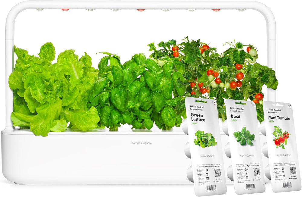 Grădină interioară Click and Grow, mai ușoară decât un sistem de creștere hidroponic, Grădină inteligentă cu LED, grădină de plante aromatice, seră interioară cu 9 capsule de plante incluse (alb)