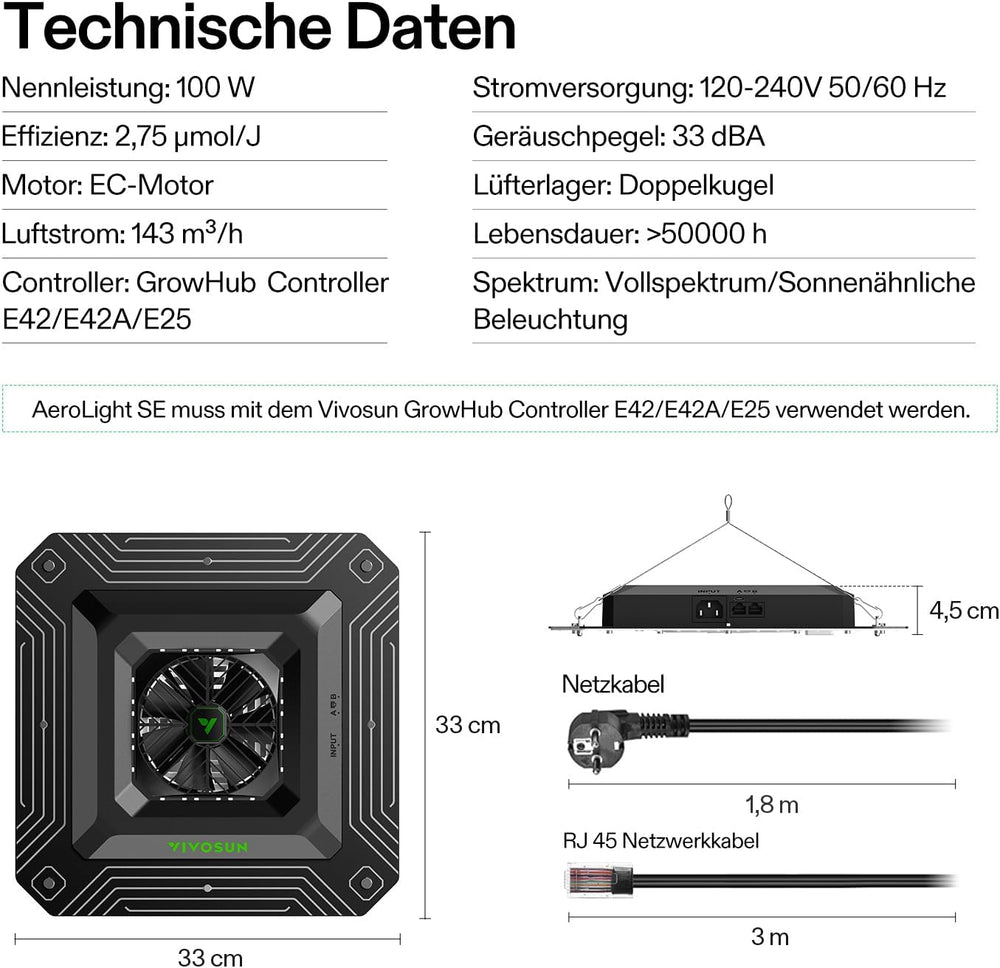 Sistem inteligent de creștere VIVOSUN cu lampă LED AeroLight A100SE de 100 W cu ventilator de circulație integrat, ventilator de conductă AeroZesh T4 de 100 mm de 357 m³/h și controler GrowHub E42A pentru corturi de creștere și cultivare în interior