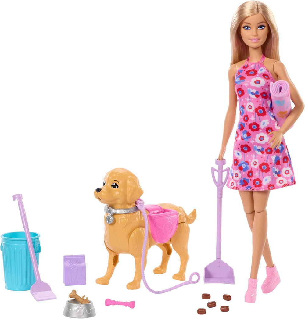 Barbie Hundespaziergang Spielset, enthält einen Spielzeughund, der gehen und Häufchen Machen kann, eine Barbie Malibu-Puppe sowie EIN Kehrset und Hundezubehör, JJB46