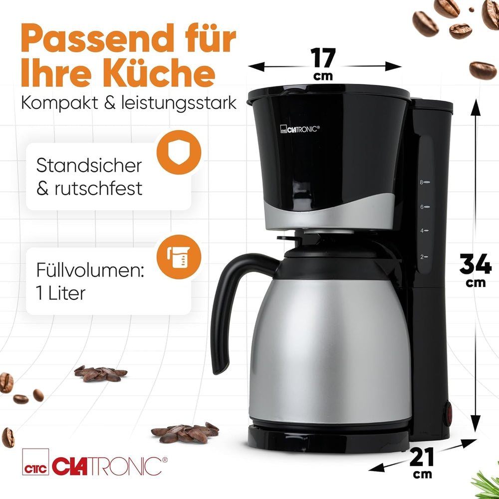 Cafetieră Clatronic® cu termos | pentru 8-10 cești de cafea | fără pierderi de temperatură | cafetieră cu filtru | 1 litru | Espressor | Cafetieră cu filtru cu termos | KA 3327 negru