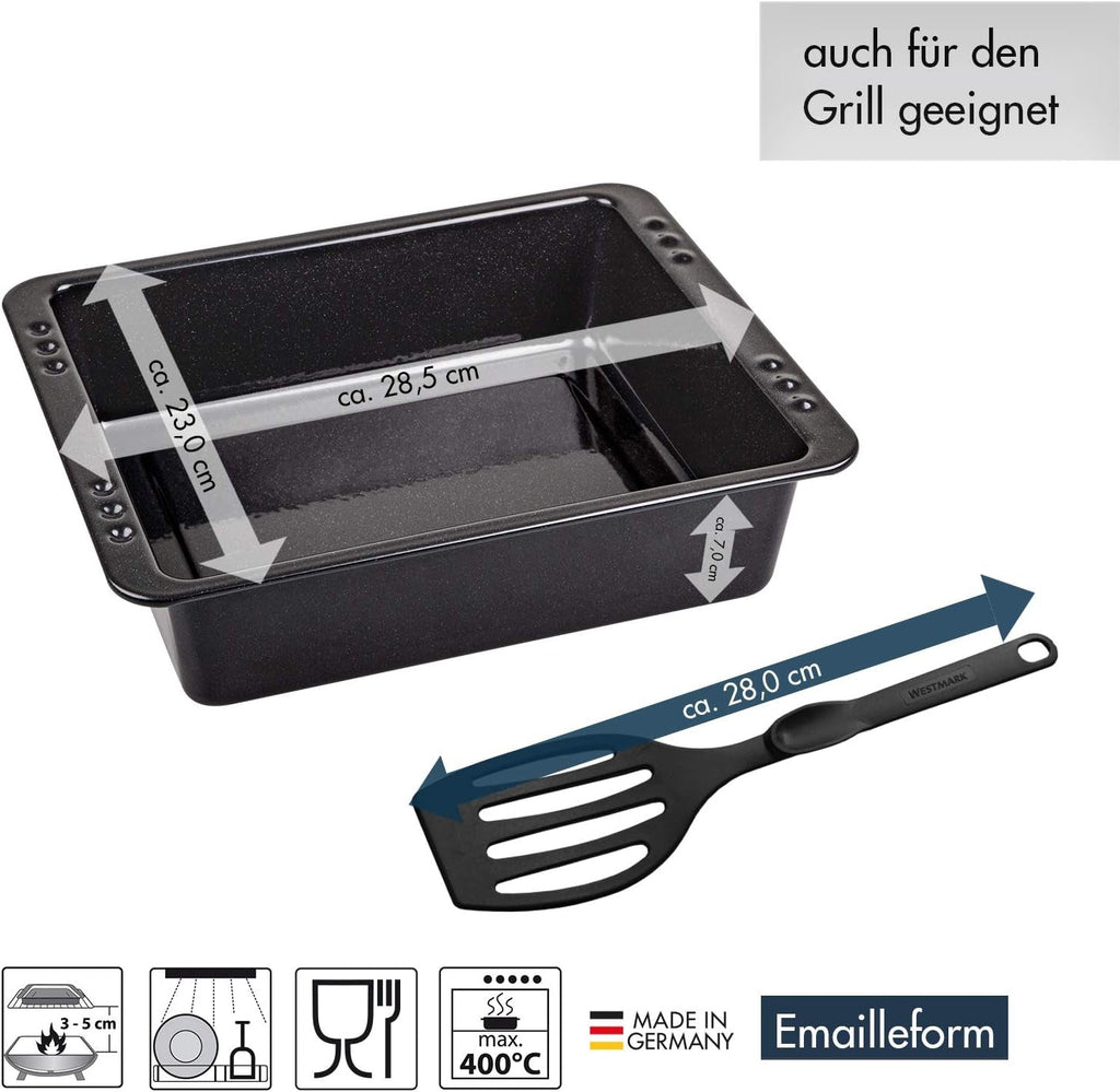 Chg SET 341-46-60 Extra Tiefe Ofenform (7,0 Cm) "Emaille" Mit Profi-Pfannenwender", Schwarz Gesprenkelt Matrite si tavi pentru copt Naty Shop