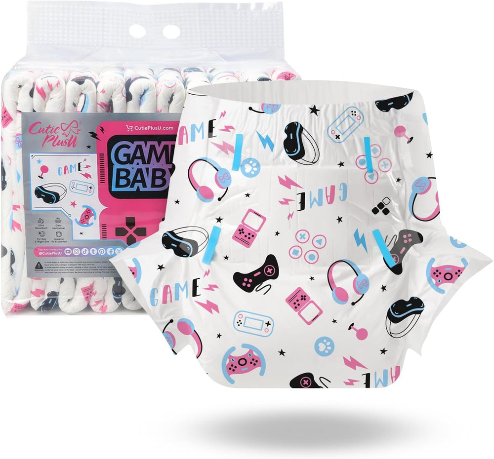 Scutece pentru adulți CutiePlusU, 10 bucăți, scutece de unică folosință cu tablă pentru femei și bărbați, absorbție maximă peste noapte - I Love Summer (Mărime medie 71-96 cm)