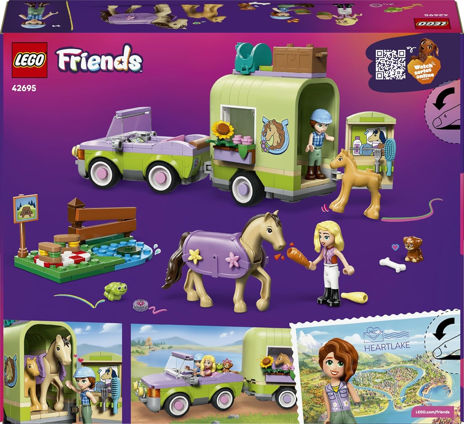 LEGO Friends Pferd und Fohlen mit Pferdeanhänger - Pferde Spielset mit Pflegezubehör, 4 Tierfiguren, Auto & 2 Mini Puppen - Geschenkidee zum Geburtstag für Mädchen ab 7 Jahren - 42695