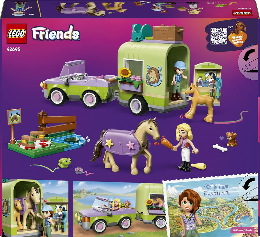 LEGO Friends Pferd und Fohlen mit Pferdeanhänger - Pferde Spielset mit Pflegezubehör, 4 Tierfiguren, Auto & 2 Mini Puppen - Geschenkidee zum Geburtstag für Mädchen ab 7 Jahren - 42695