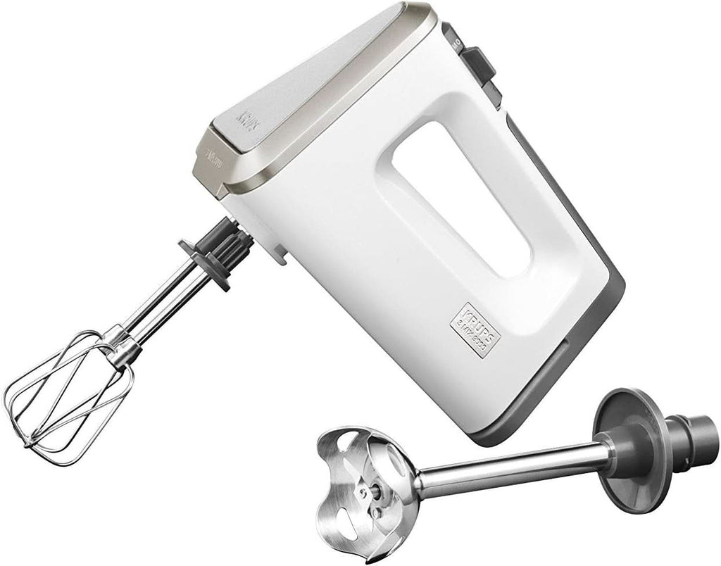 Krups GN9121 3 Mix 9000 Handmixer | 750 Watt | Geschwindigkeitsregler | Turbomodus | Auswurffunktion | Ergonomischer Griff | Inkl. Schneebesen, Knethaken, Pürierstab-Aufsatz, Messbecher | Weiß/Silber Naty Shop Weiß Single