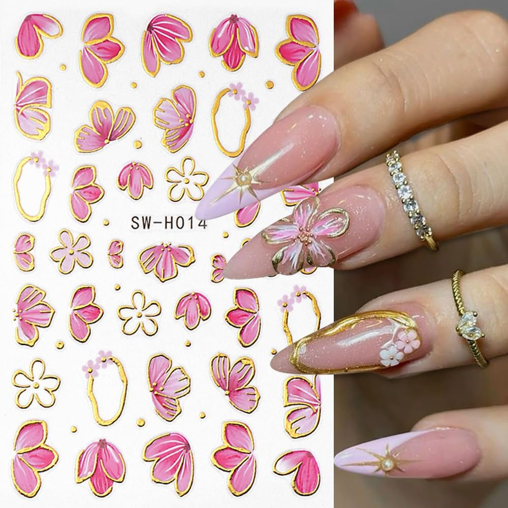 Gold Linie Schieber Rosa Nagelsticker Blumen 3D Flower Nail Sticker Sakura Blütenblätter Blumen Nagelaufkleber Frühling Sommer Floral Nagel Sticker Flowers Nagel Stickers Nageldesign Zubehör Nail Art
