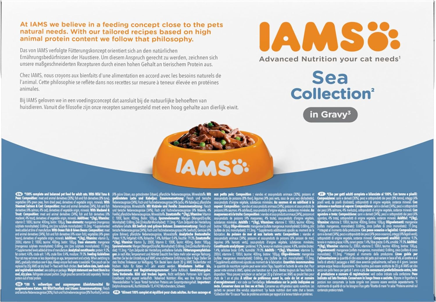 IAMS Delights Sea Collection Katzenfutter Nass - Multipack mit Fisch Sorten (Lachs, Thunfisch, Makrele, Seefisch) in Sauce, Nassfutter für Katzen ab 1 Jahr, 12 x 85g