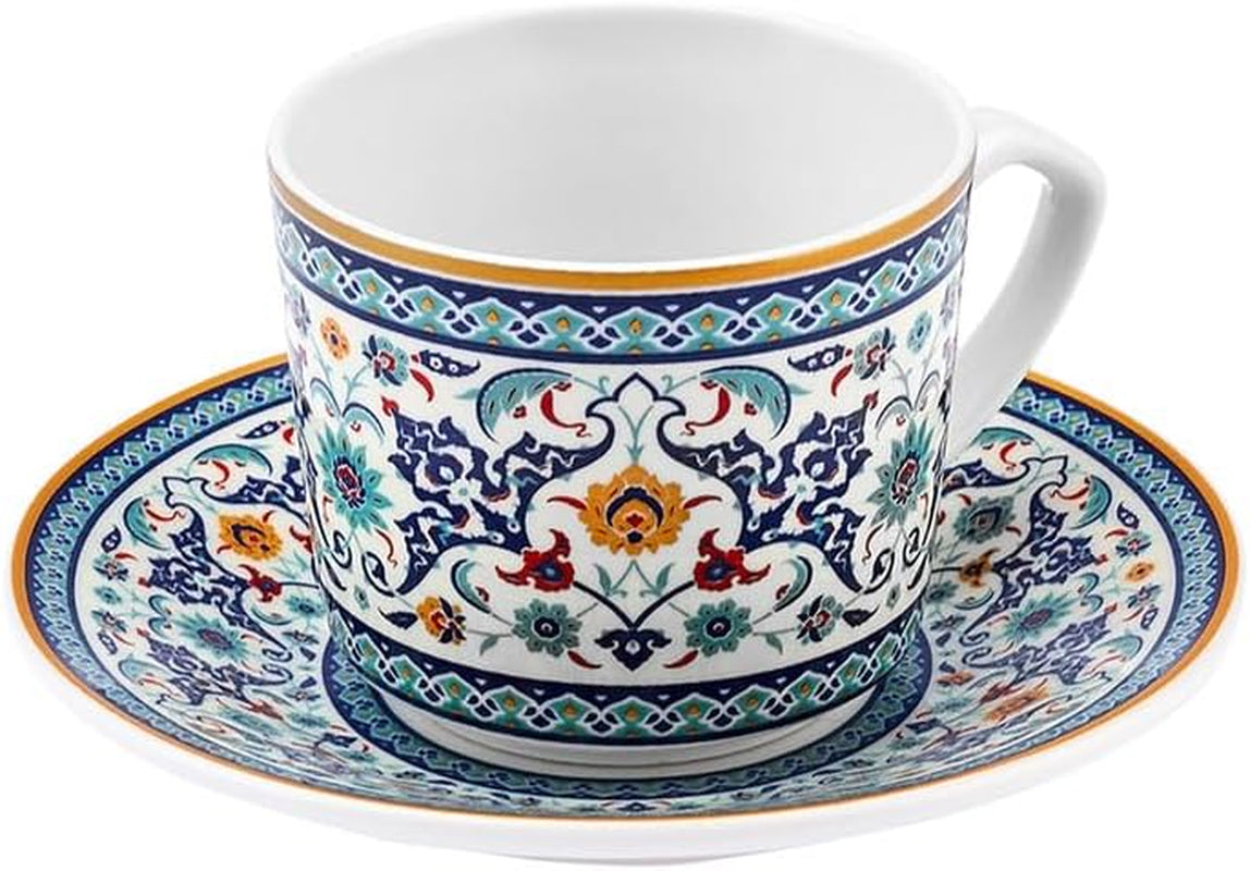 KARACA Beylerbeyi - Set de cești de cafea turcească, 12 piese, Set de 6 cești de espresso din porțelan cu farfurioare, Set de cești de espresso de 80 ml, Design tradițional - Albastru