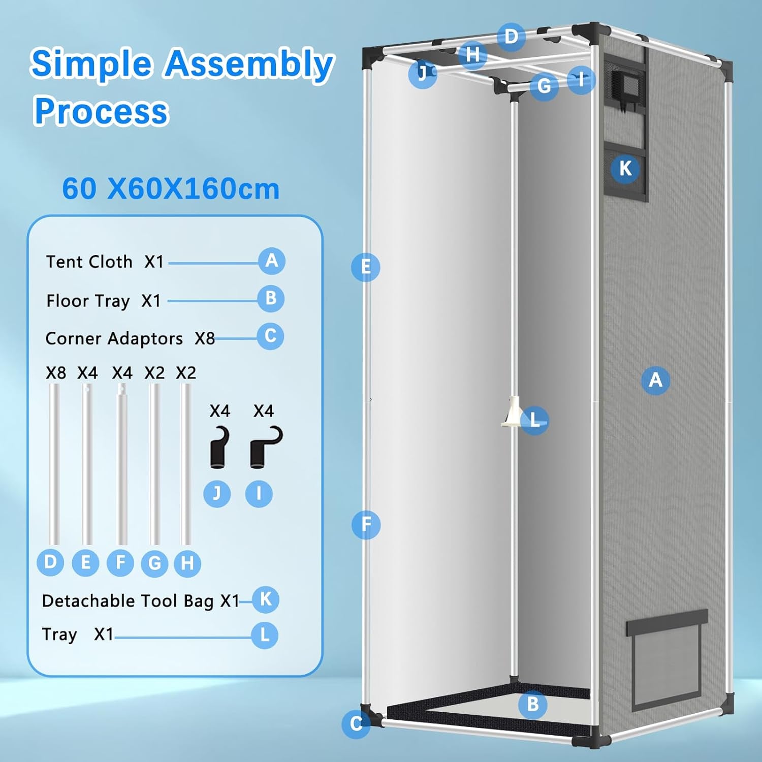 Cort de creștere Aygrochy 60x60x160cm, cort de creștere de interior cu PEVA alb reflectorizant, tavă inferioară detașabilă, pentru spațiu de creștere a plantelor