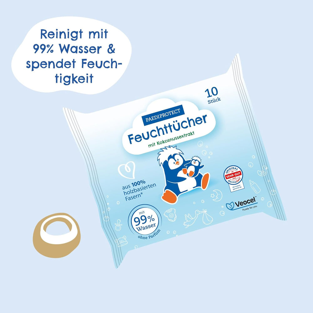 Șervețele umede PAEDIPROTECT pentru bebeluși 1 x 10 bucăți, șervețele umede cu apă pentru bebeluși sensibili cu 99% apă, fără parfum, pentru pielea delicată a bebelușilor și copiilor, cu extract de cocos, fără microplastic, vegane (pachet de 5)