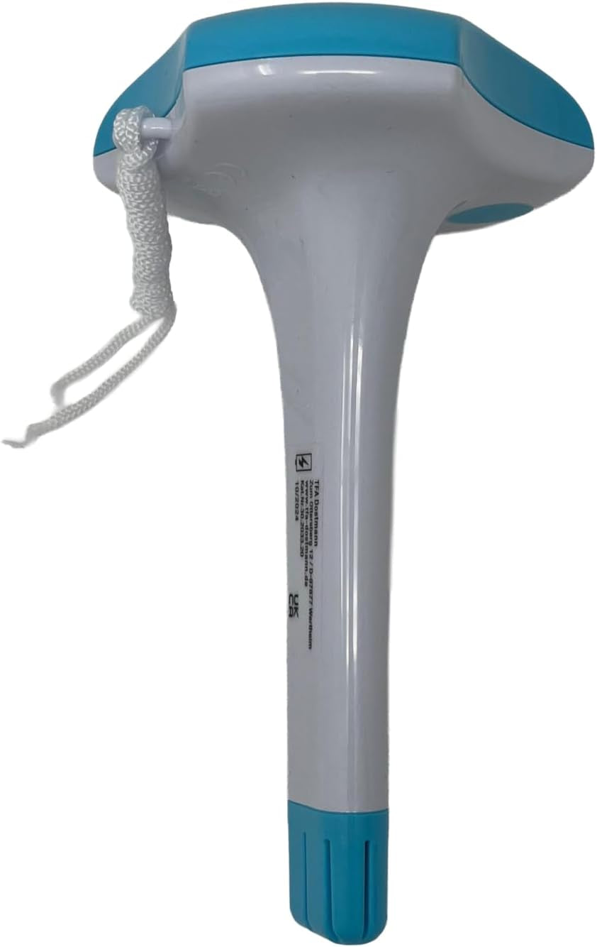Termometru solar digital pentru piscină TFA Dostmann 30.2033.20, cablu de 1 m, rezistent la apă IPX8, baterie neinclusă, interval de măsurare -20 până la +50 °C, precis, ideal pentru piscine, iazuri, piscine, alb/turcoaz