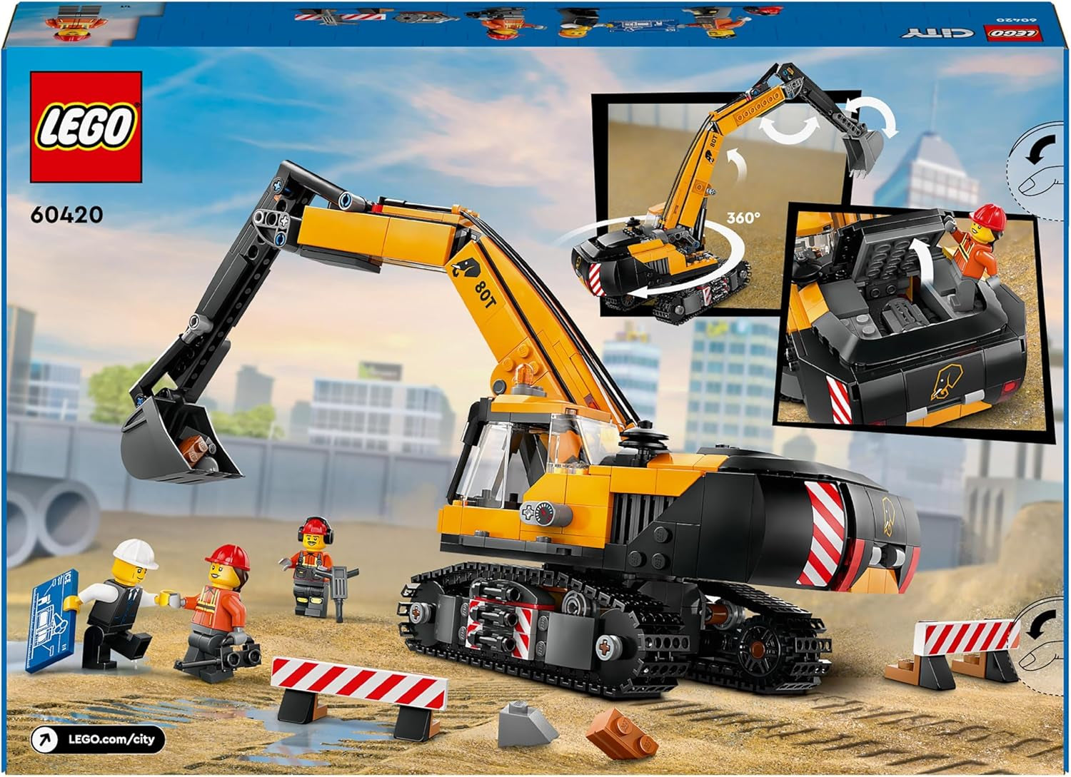 LEGO City Crawler Excavator, excavator de jucărie pentru copii de la 8 ani, jucărie de construcție cu model de excavator, camion construibil cu accesorii și 3 minifigurine 60420 Seturi de constructie Besuche den LEGO-Store