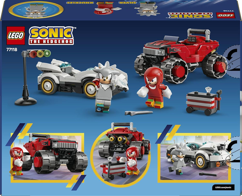 LEGO Sonic the Hedgehog Silvers Auto vs. Knuckles’ Monstertruck - Kinder Spielzeug mit 2 Flitzern und 2 Minifiguren - Geschenk für Jungen und Mädchen ab 8 Jahren - Sonic Fanartikel für Gamer - 77118