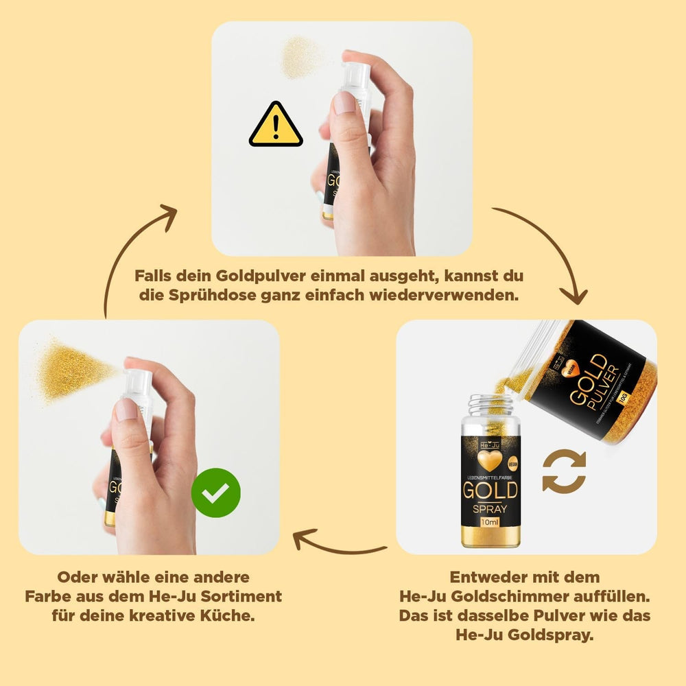 Pudră de aur comestibilă He-Ju 10g, vegană și fără E171, colorant alimentar auriu, sclipici comestibil pentru băuturi și alimente