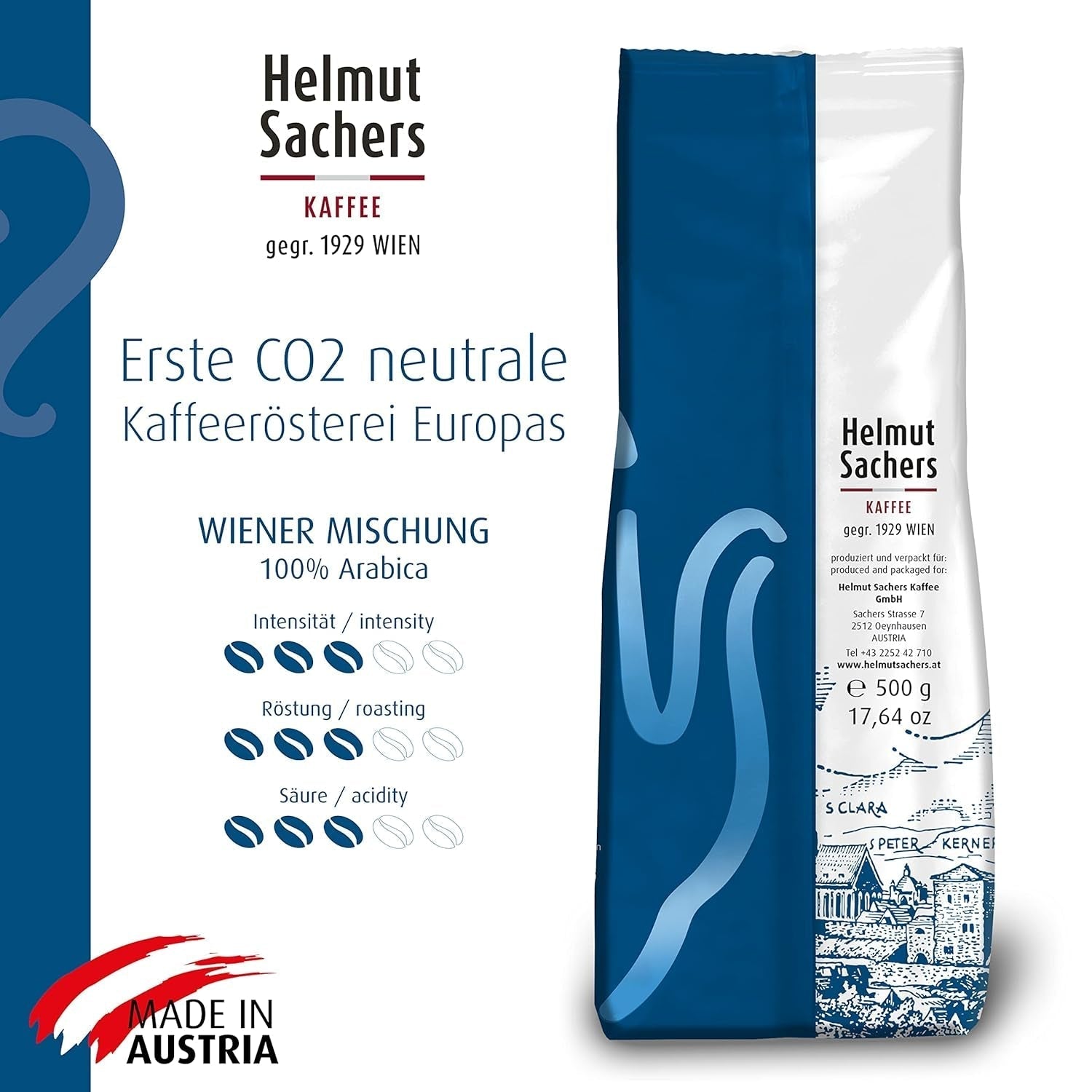 Helmut Sachers Kaffee - amestec vienez, Intensitate 3/5, 100% Arabica, boabe de cafea întregi, 6 X 500G Naty Shop