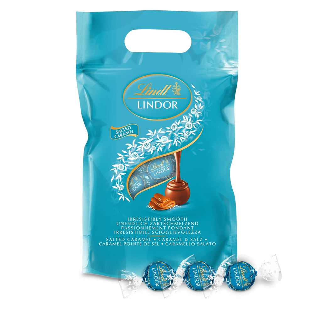 Bile de ciocolată LINDOR | Pungă resigilabilă de 1 kg | aprox. 80 de bile de ciocolată cu lapte și mentă cu umplutură | Pachet vrac & Bile de ciocolată LINDOR cu caramel sărat