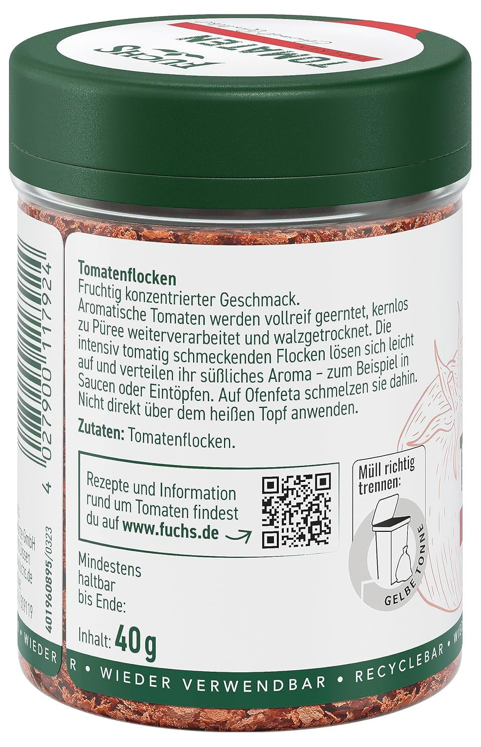 Fuchs Gewürze - Tomaten Flocken - Gewürz für Ofenfeta oder tomatigen Geschmack in Saucen - natürliche Zutaten - 40 g in wiederverwendbarer, recyclebarer Dose