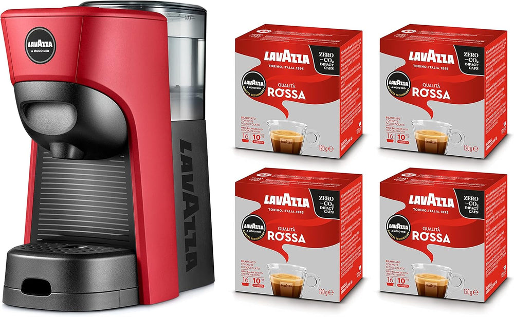 Lavazza, Espressor A Modo Mio Tiny Eco Red cu 64 de capsule, Espressor fabricat din plastic reciclat, 1450 W, 220-240 V, 50/60 Hz, 0,6 litri