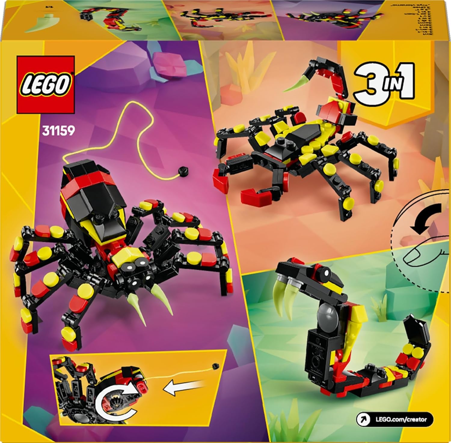LEGO Creator 3in1 Wilde Tiere: Überraschungsspinne - Spielzeug zum Umbauen in eine Skorpion Figur oder Schlange - Bauset mit 3 Modellen - Geschenk für Jungen und Mädchen ab 7 Jahren 31159