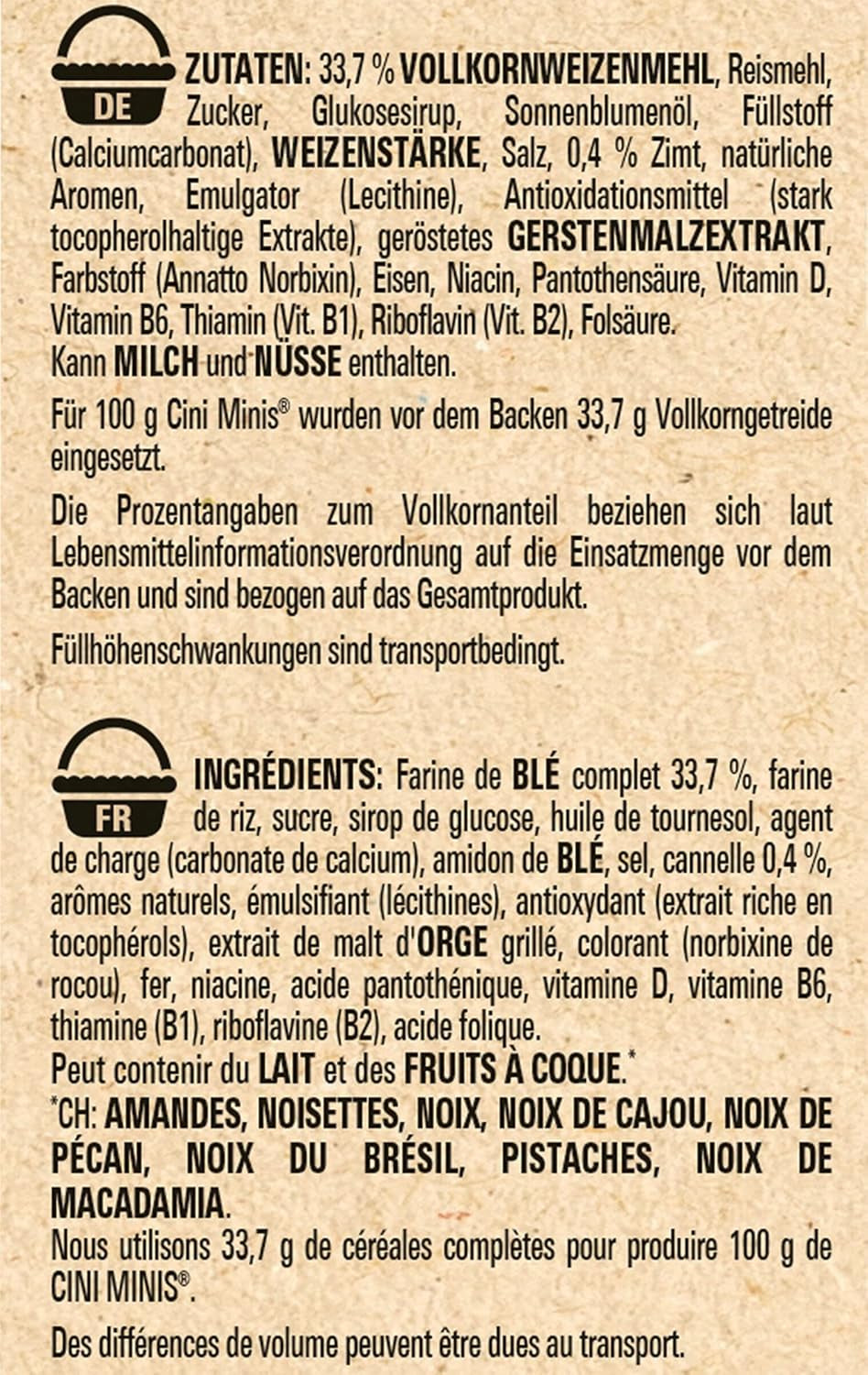 Nestlé CINI MINIS, Muesli cu scorțișoară, 37% cereale integrale vitale, cu vitamine, calciu și fier, fulgi crocanți, pachet de 7 (7x375g)