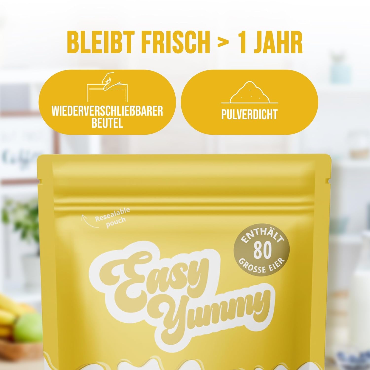EASY YUMMY - Vollei-Eipulver (1000g = 80 Eier) aus Regionalen Niederländischen Freiland-Eiern | mit 1-Ei-Messlöffel | Wiederverschließbarer Beutel, lange Haltbarkeit | Rührei, Kochen, Backen | 100% Ei